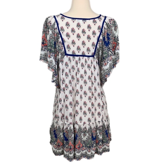 BLACK RAINN Top Paisley Short Sleeve Bohemian Gypsy Crochet Tie Blue Medium - Picture 3 of 8